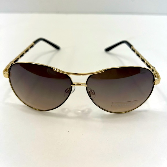 TAHARI AVIATOR 100% UV PROTECT SUNGLASSES,GOLD METAL FRAME, WOVEN LEATHER SIDES - Picture 5 of 14